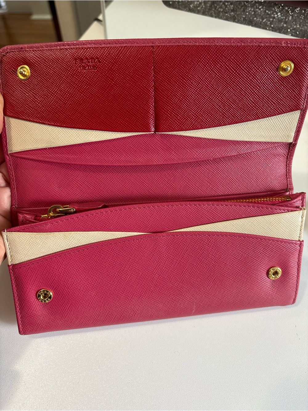 Prada Pink Saffiano Leather Trifold Wallet with Gold Logo - Picture 5 of 12